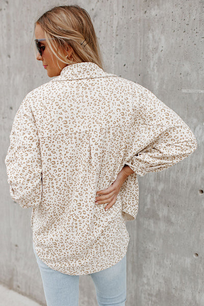 Trendy Beige Leopard Print Corduroy Shacket for Women with Flap Pockets Stylish Layering Essential for Every Wardrobe