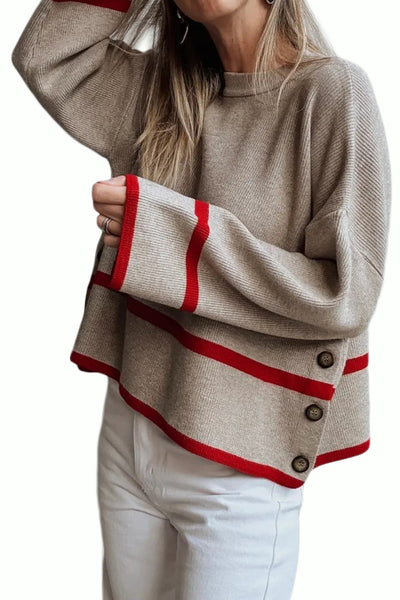 Cozy Relaxed Fit Taupe Ribbed Knit Sweater for Women with Button Side and Trendy Contrasting Stripes