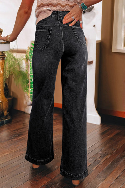 Stylish Women's Black High-Waist Wide Leg Jeans with Pockets for a Comfortable, Effortless Everyday Look