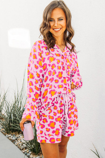 Cozy Women's Pink Leopard Print Pajama Set with Long Sleeve Shirt & Shorts - Stylish Sleepwear for Ultimate Comfort
