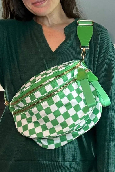 Women's Green Checkered Nylon Crossbody Bag with Wide Strap