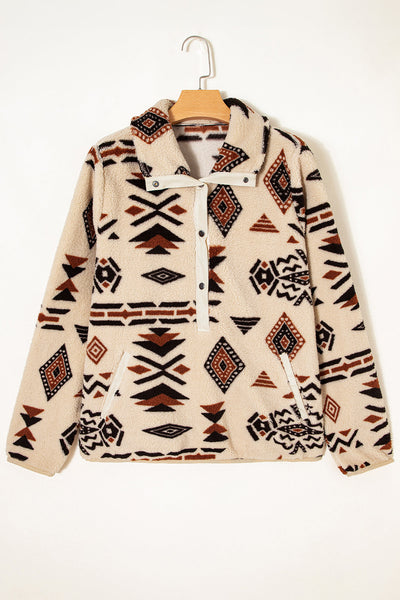 Women's Cozy Beige Plush Half Zip Sweatshirt for Women - Chic Western Aztec Style for Effortless Casual Looks