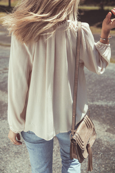 Chic Women's Beige Floral Embroidered Puff Sleeve Top - Loose Fit, Textured Design for Effortless Style