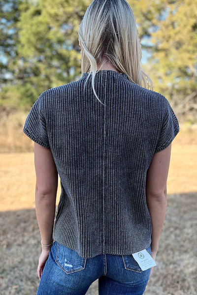 Women's Relaxed Fit Black Ribbed Knit Sweater with Patched Pocket - Casual Short Sleeve Mineral Wash Top