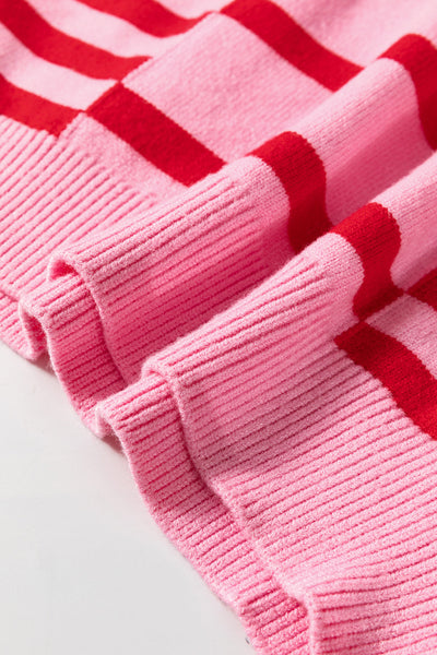 Chic Women's Pink Striped Bubble Sleeve Sweater with Drop Shoulders & Ribbed Trim for Cozy Style
