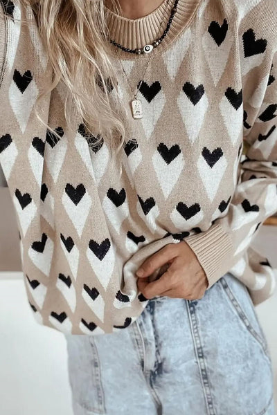 Cozy Women's Loose-Fit Parchment Sweater with Geometric Heart Print and Ribbed Trim for Effortless Casual Style