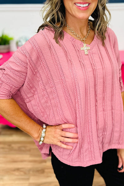 Elegant Women's Peach Blossom Lacy Striped 3/4 Sleeve Dolman Blouse - Chic Lightweight Top for Spring & Summer Styles