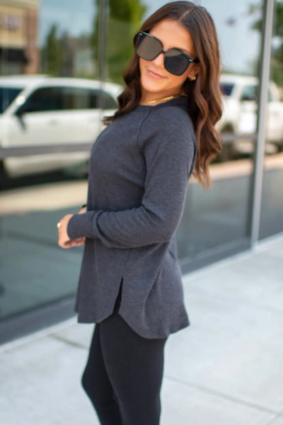 Cozy Women's Dark Grey Thermal Knit Raglan Sleeve Top with Exposed Seams - Casual All-Day Comfort Fit