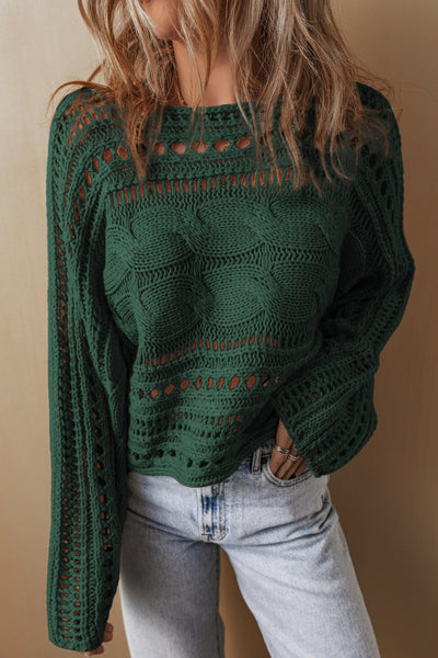Chic Women's Blackish Green Cropped Cable Knit Sweater with Stylish Hollow-Out Design for Trendy Outfits