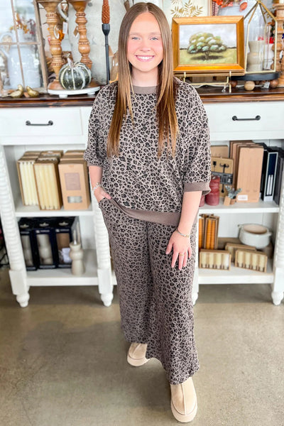 women's stylish khaki leopard print ribbed long sleeve pullover and wide leg pant set comfortable fashion ensemble made for easy styling and wardrobe
