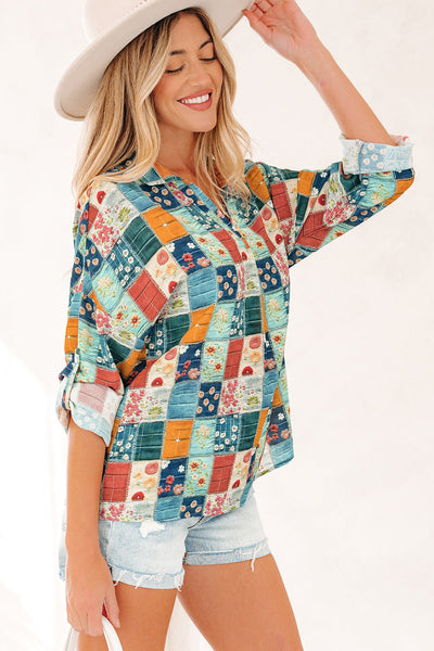 Women's Patchwork Floral Print Long Sleeve V-Neck Blouse
