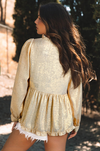 stylish women's gold metallic frilled v-neck puff sleeve babydoll blouse for day or night fashion looks with practical styling and dependable