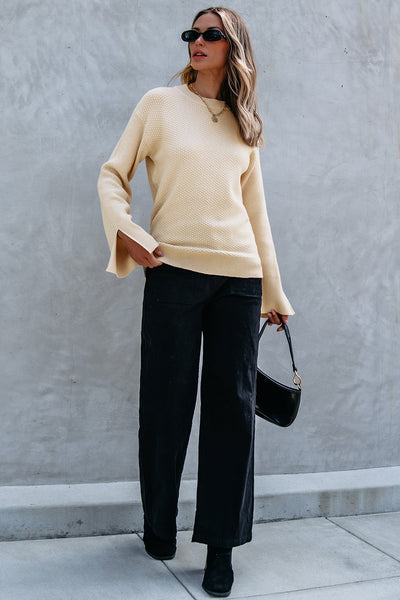 Women's Parchment Waffle Knit Sweater with Split Cuffs and Drop Shoulders with practical styling and dependable silhouette control.