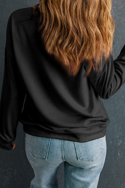 Women's Black Sequin Bow Sweatshirt with Drop Shoulder Detail