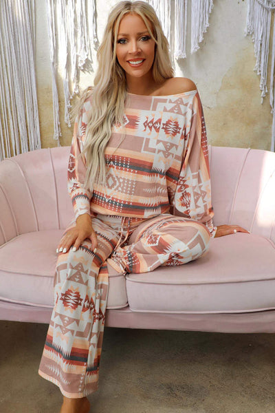 Aztec Bliss Multicolour Lounge Set with Puff Sleeves and Wide Leg Pants