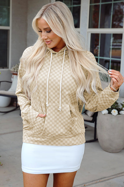 Casual Women's Khaki Checkered Hoodie with Drawstring & Kangaroo Pocket - Perfect Everyday Comfort Wear