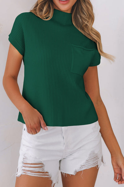 Women's Casual Blackish Green Ribbed Knit Sweater with Patch Pockets - Stylish Short Sleeve Top for Everyday Comfort