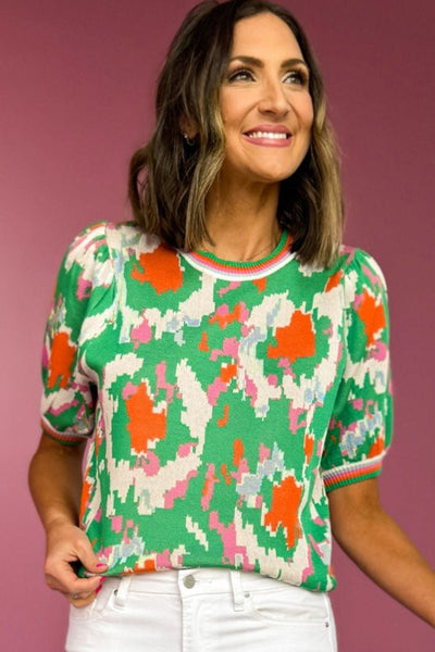 Trendy Women's Short Sleeve Green Abstract Knit Sweater with Striped Trim for Effortless Casual Chic Style