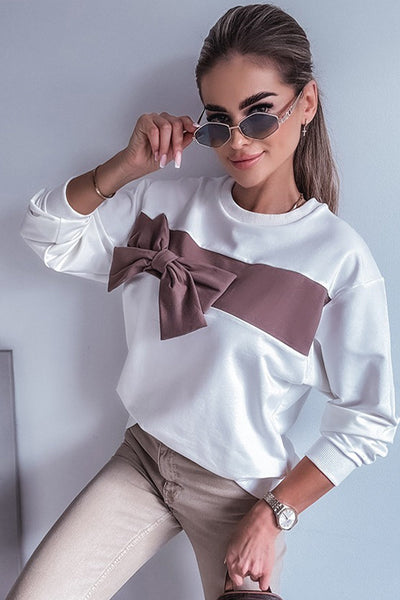 Chic Women's White Color Block Sweatshirt with Ribbon Bow Detail - Trendy Crew Neck Top for Casual Style