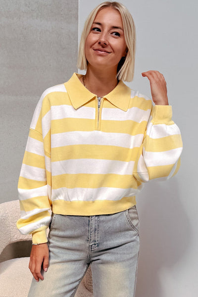 Effortless Casual Women's Yellow Striped Zipped Sweater with Drop Shoulders for Ultimate Comfort and Style