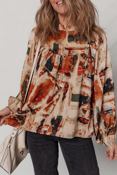 Trendy Women's Multicolor Retro Abstract Blouse with Zip Back and Long Puff Sleeves for Casual Chic Outfits
