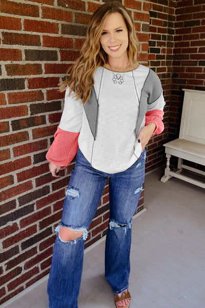 Women's Casual White Textured Knit Top with Stylish Contrast Block Design and Patchwork for Effortless Everyday Chic