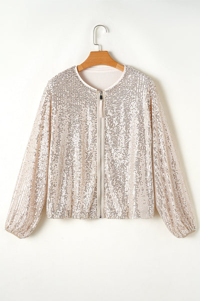 Chic Women's Apricot Sequin Long Sleeve Jacket with Zip-Up Closure and Round Neck - Trendy Outerwear for Any Occasion