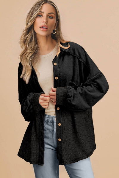 Women's Waffle Knit Oversized Patchwork Shacket in Midnight Black