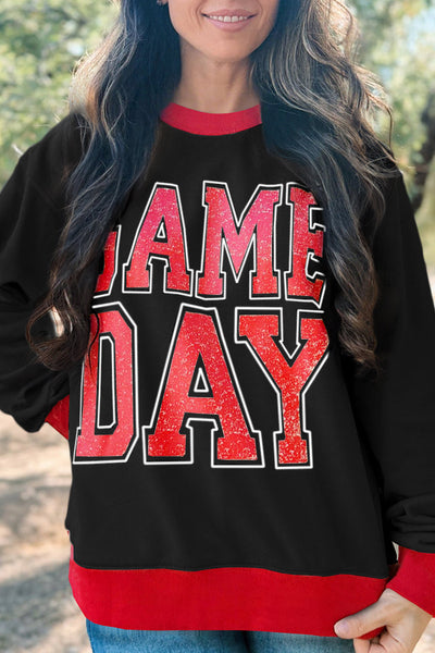 Women's Black Baggy Varsity Sweatshirt with GAME DAY Graphic Trendy Comfort for Fashionable Athleisure Looks