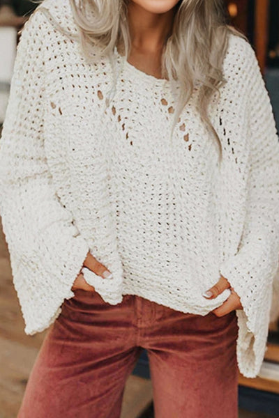Women's White Cotton-Blend Wide Sleeve Crochet Pullover