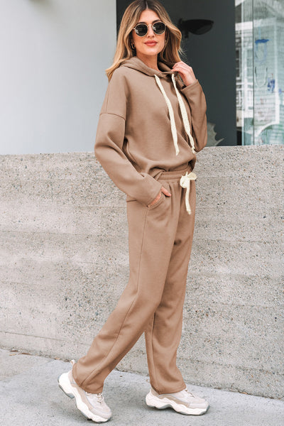 Women's Relaxed Ribbed Knit Hoodie and Jogger Set in Camel