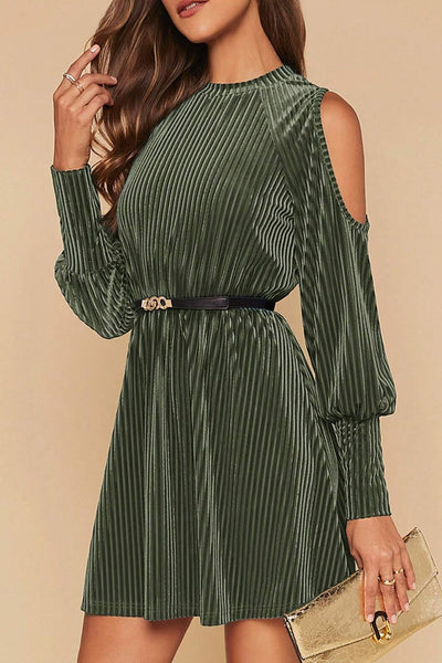 Elegant Women's Mist Green Velvet Cold Shoulder Mini Dress with Flared Hem and Textured Bishop Sleeves