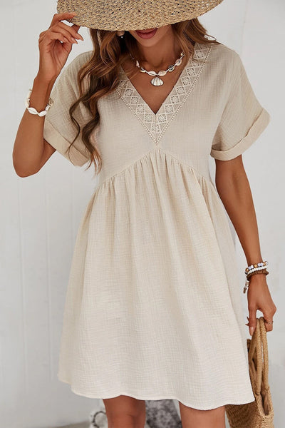 Casual Holiday Lace Stitching Waist V Neck Mini Dress