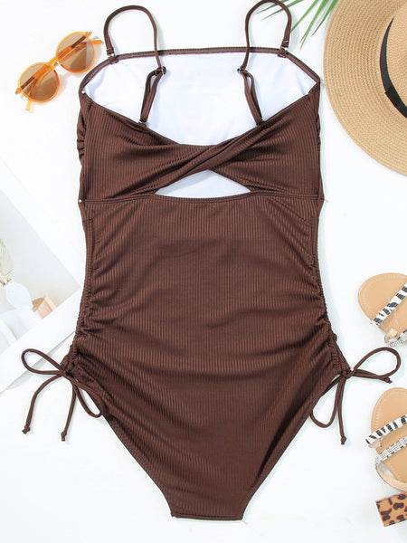 Ribbed Coffee Boho Drawstring Monokini Swimsuit