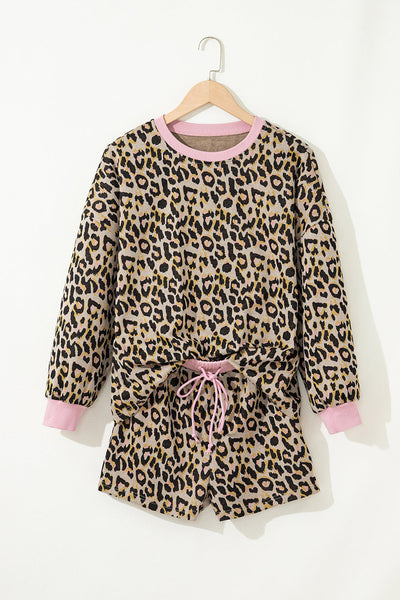Trendy Women's Pink Leopard Print Lounge Set with Long Sleeve Pullover & Shorts - Stylish Casual Comfort Outfit