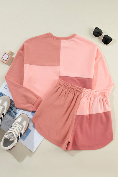 Women's Peach Colorblock Long Sleeve Shorts Set - Trendy Casual Summer Outfit for Comfort and Adventure