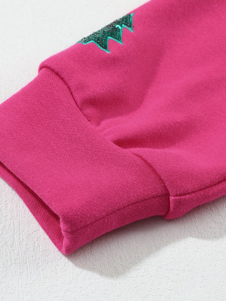 Sequin Merry Christmas Pink Patchwork Sweatshirt with Strawberry Tree Details