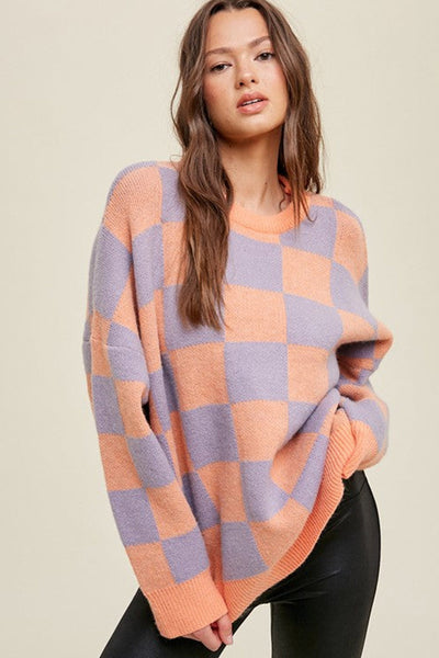 Cozy Baggy Fit Women's Grapefruit Orange Checkered Knit Sweater with Ribbed Trim for Effortless Casual Style