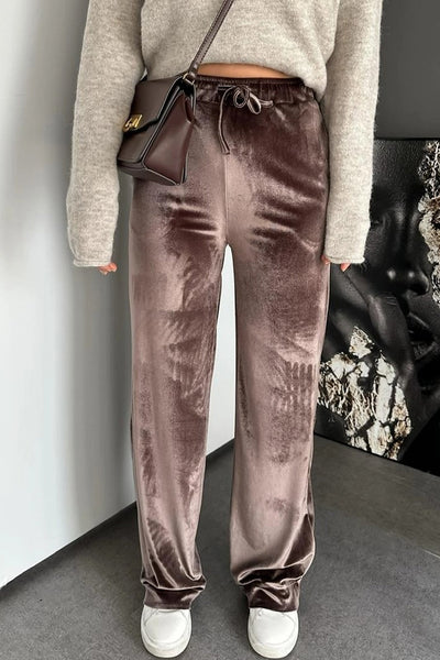 Women's Luxurious Goat Color Shiny Velvet High Waist Casual Pants - Stylish Drawstring Straight Leg Trousers