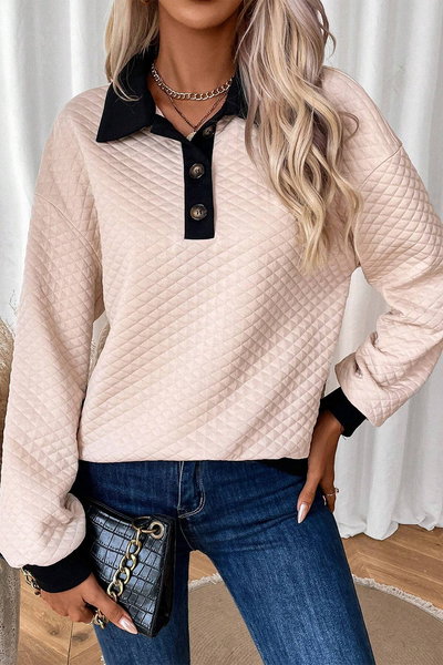 Cozy Women's Oatmeal Colorblock Sweatshirt with Buttoned Collar - Chic Fall Top for Effortless Casual Style