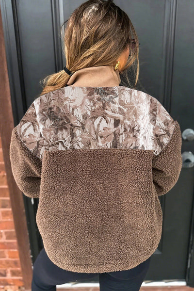 cozy women's dark brown camo and floral print sherpa jacket with zipper - stylish outerwear for fall and winter comfort made for easy styling and with