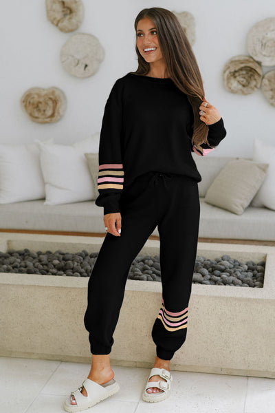 Women's Black Striped Activewear Set: Cozy Drop Shoulder Pullover & Jogger Pants for Casual Style and Comfort