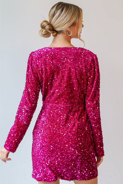 Women's Chic Pitaya Pink Velvet Sequin Long Sleeve V-Neck Mini Dress for Women Elegant Party Wear with Wrap Design made for easy styling and wardrobe