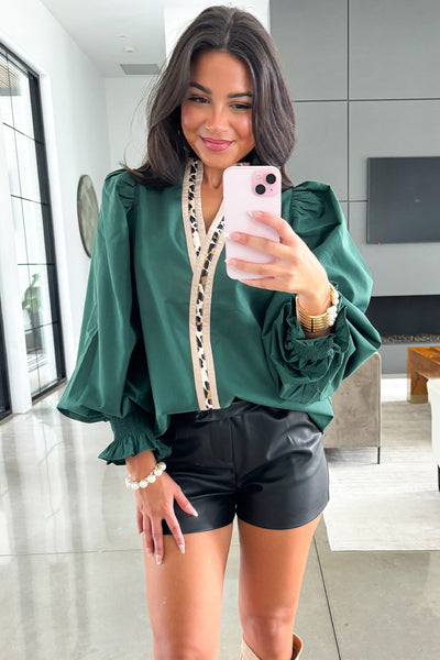 Women's Leopard Trim V-Neck Blouse with Puffy Flounce Sleeves in Evergreen - Chic & Stylish Top for Any Occasion