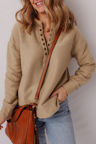 Women's Casual French Beige V-Neck Sweatshirt with Grommet Details for Comfortable Stylish Layering