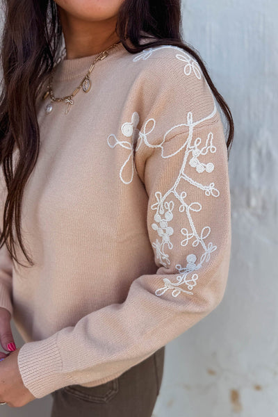 Women's Stylish Casual Ribbed Sweater with Contrast Embroidery in Parchment - Comfortable Fit for Everyday Wear