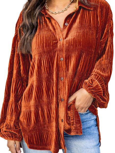 Women's Velvet Orange Lantern Sleeve Button Up Shirt