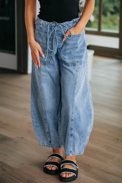 High-Waisted Cotton Blend Barrel Jeans in Medium Blue with practical styling and dependable silhouette control.