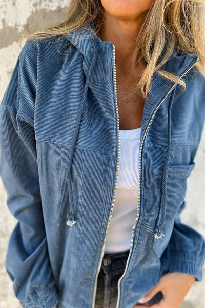 Women's Casual Real Teal Corduroy Hooded Zip-Up Jacket with Drawstring and Pockets for Everyday Comfort