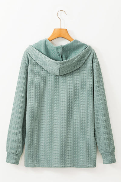 Mint Green Long Sleeve Hooded Top for Women with Textured Fabric, Button Front & Adjustable Drawstring for Comfort